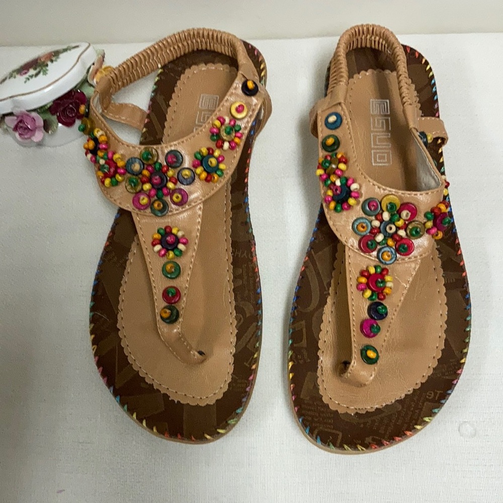 New Bohemian Flowers Beads Shape Flat Sandals/size:8